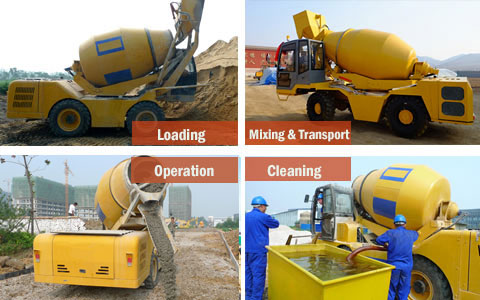 Self-loading mobile concrete mixer